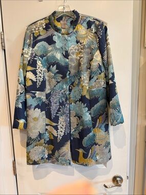 Chico's Navy Floral Jacquard Long Coat with Teal and Cream Accents Sz 1